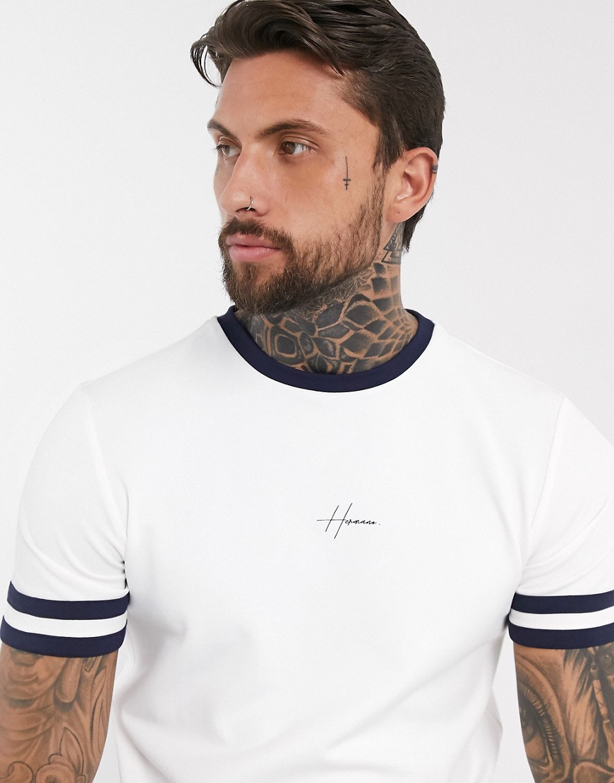 Hermano - T-shirt met logo op de borst en strepen op de mouw in gebroken wit
