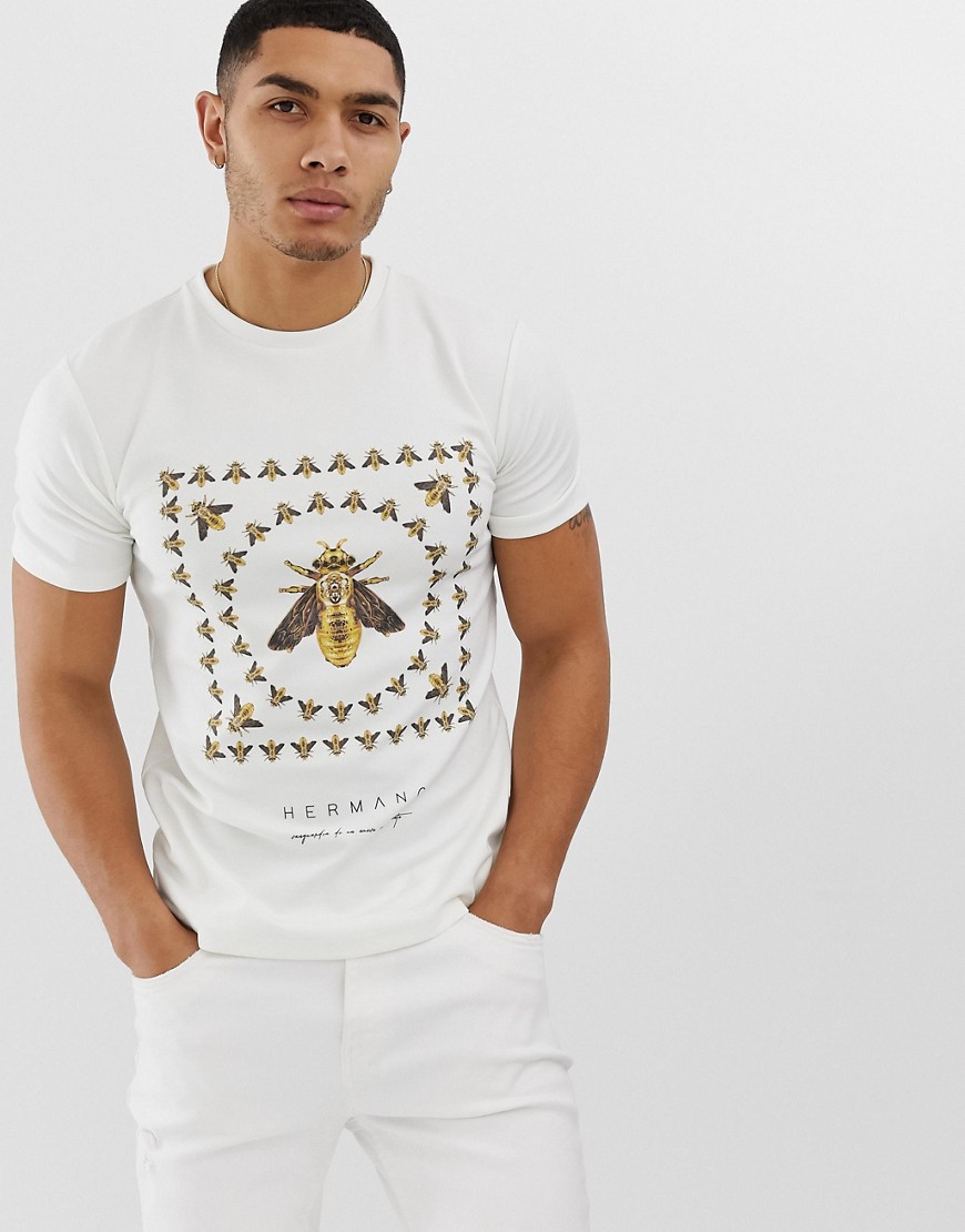 Hermano - T-shirt met vierkant logo met bijenprint-Wit
