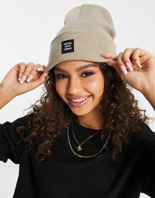 Herschel Supply Co Exclusive Abbott black logo beanie in beige with tonal logo