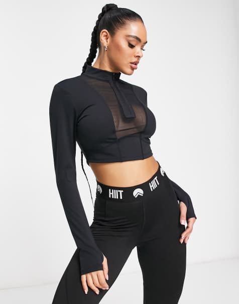 HIIT 1/2 zip top with contour mesh panels in black - view 1