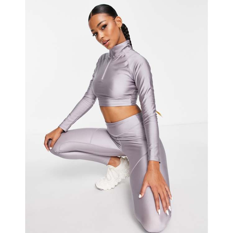 HIIT 1/4 zip crop top with long sleeve in gloss finish in metallic lilac