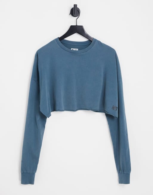HIIT - Afgeknipte top met lange mouwen in groenblauw met wassing