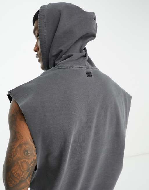 HIIT – Ärmelloser Kapuzenpullover in schwarzer Acid-Waschung mit ungesäumten Kanten, 3 von 4