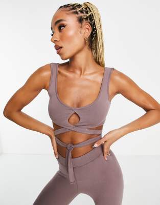 Hiit Crop Top With Wrap And Tie Details In Mink-brown