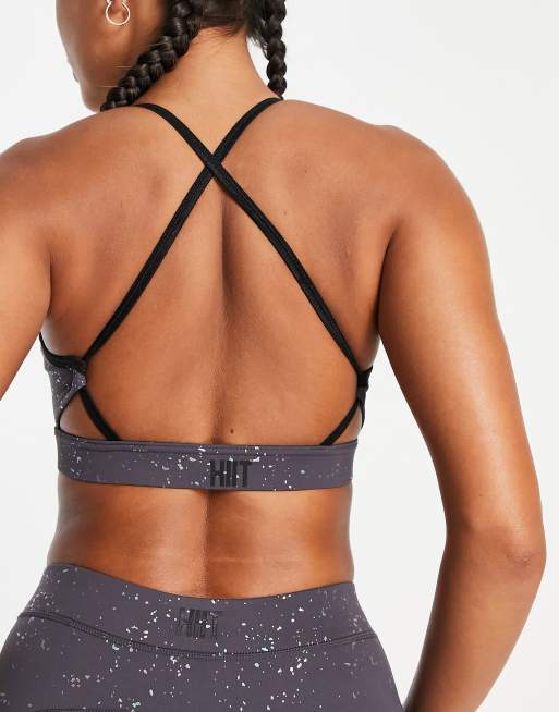 HIIT crop sports bra with cut out in holographic print