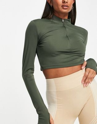 Urban Threads seamless high neck long sleeve sports crop top with zip front  in forest green