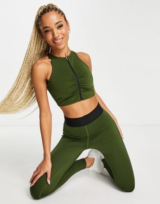 HIIT crop vest with ruched front in khaki