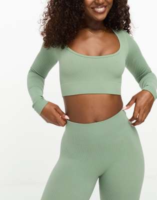 essential seamless rib long sleeve top-Green