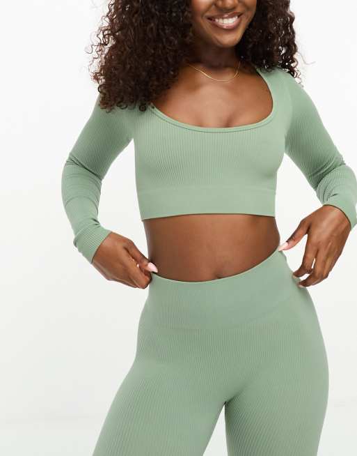 HIIT seamless rib long sleeve crop in ecru