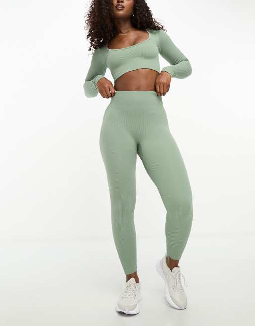 Hiit Essential Seamless Rib Long Sleeve Top-gray In Green