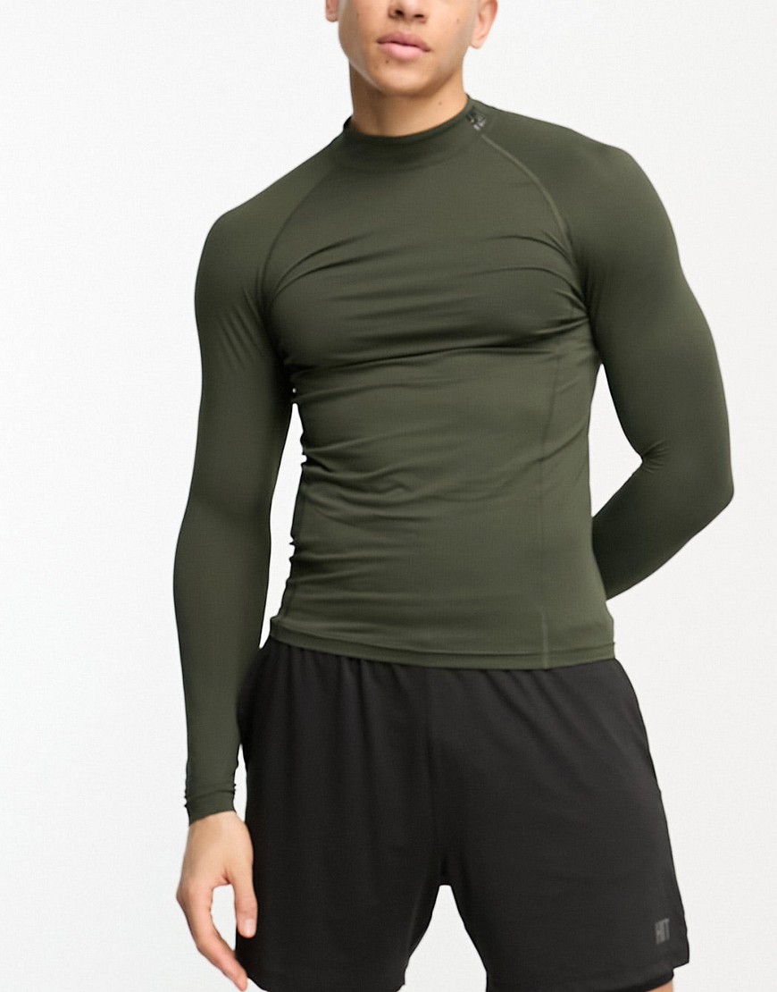 HIIT highneck long sleeve fitted active top in khaki-Green