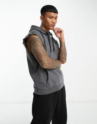 HIIT raw cut sleeveless hoodie in acid wash black