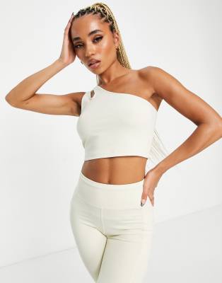 HIIT - Kurzes Oberteil in Stein mit One-Shoulder-Träger-Neutral