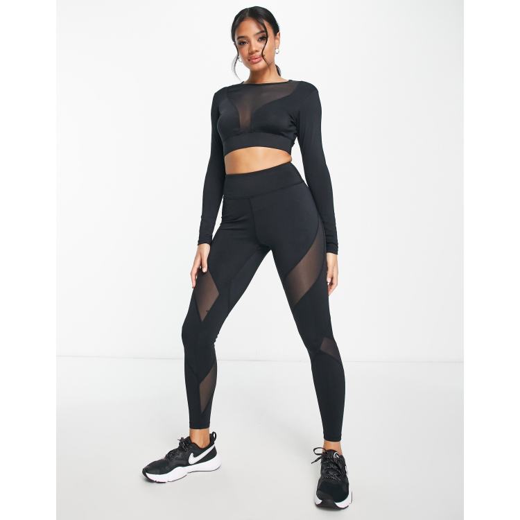 Black Cut Out Hip Detail Flock Mesh Leggings