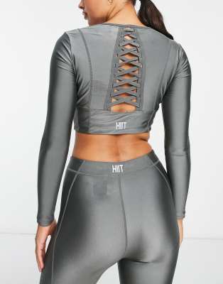 Shop Hiit Long Sleeve Top With Back Strapping Detail In Charcoal-gray