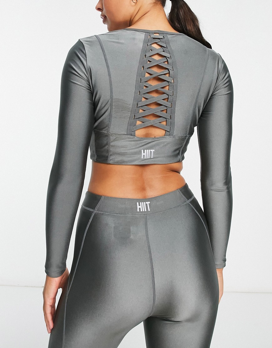 Hiit Long Sleeve Top With Back Strapping Detail In Charcoal-gray