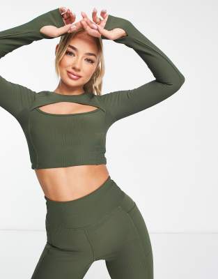 HIIT HIIT long sleeve top with cut out in khaki-Green