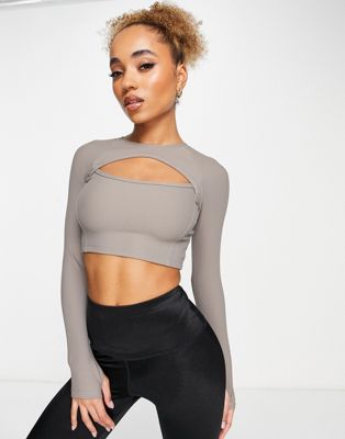 HIIT long sleeve top with cut out in mixed rib in brown - ASOS Price Checker
