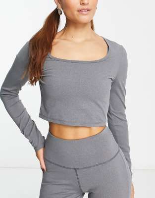 melange scoop front longsleeve top-Gray