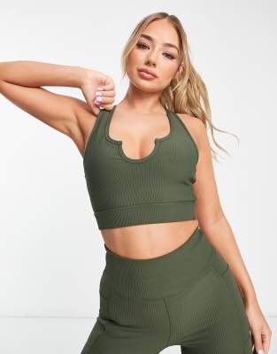 HIIT notch bralet in mixed rib in sage, ASOS