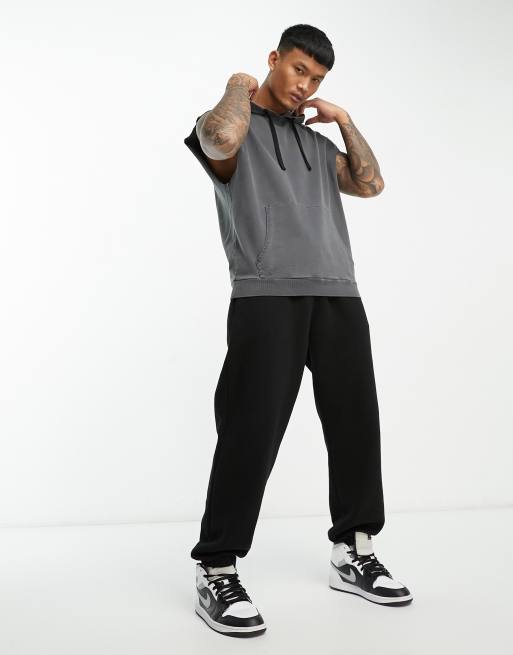 HIIT raw cut sleeveless hoodie in acid wash black, 4 of 4