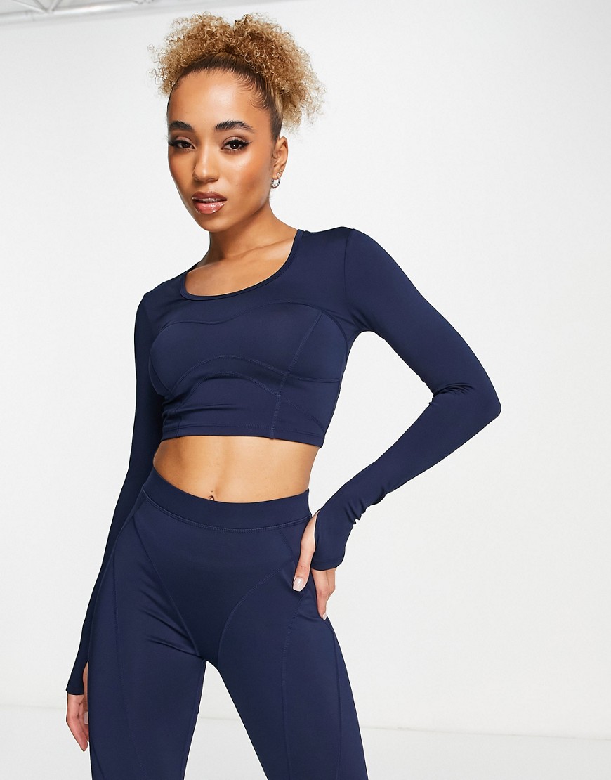 HIIT scoop neck long sleeve crop top with exposed contour seams-Navy