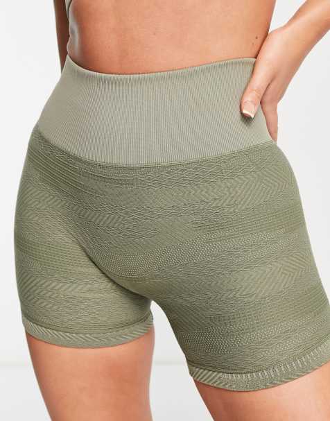 HIIT seamless booty shorts in textured camo in khaki - view 1