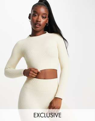 HIIT seamless rib long sleeve crop in ecru - ASOS Price Checker