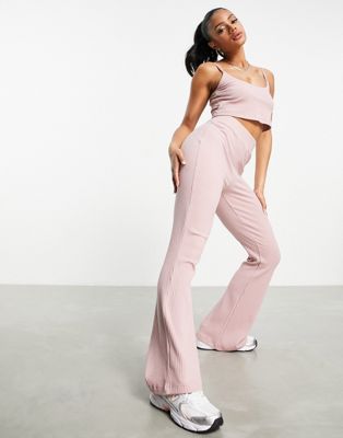 HIIT slim fit flare trousers in chunky rib in pink - ASOS Price Checker