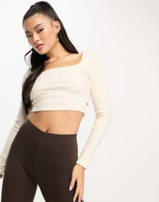 soft touch ribbed lounge long sleeve crop top in beige-Neutral