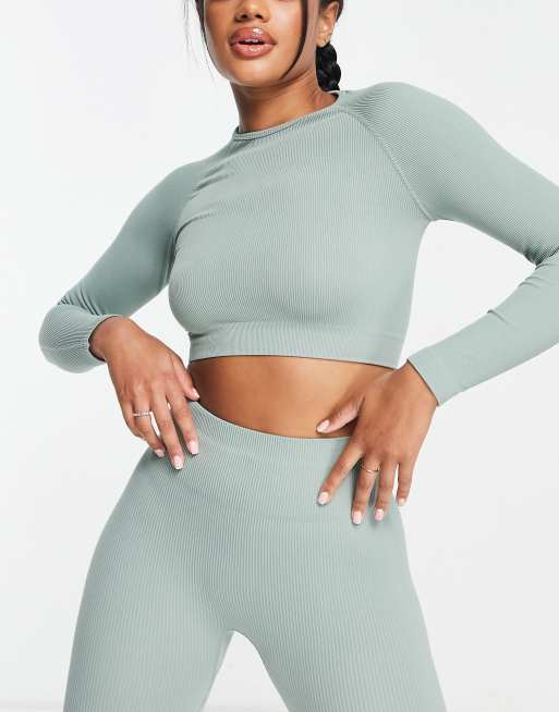 HIIT - Top a maniche lunghe minimal a coste senza cuciture color foglia di ninfea 