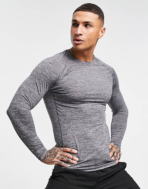 HIIT Training muscle fit marl long sleeve top in light grey