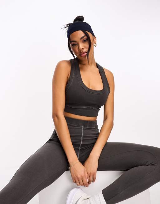 ASOS 4505 washed yoga light support sports bra with lattice back detail in  grey