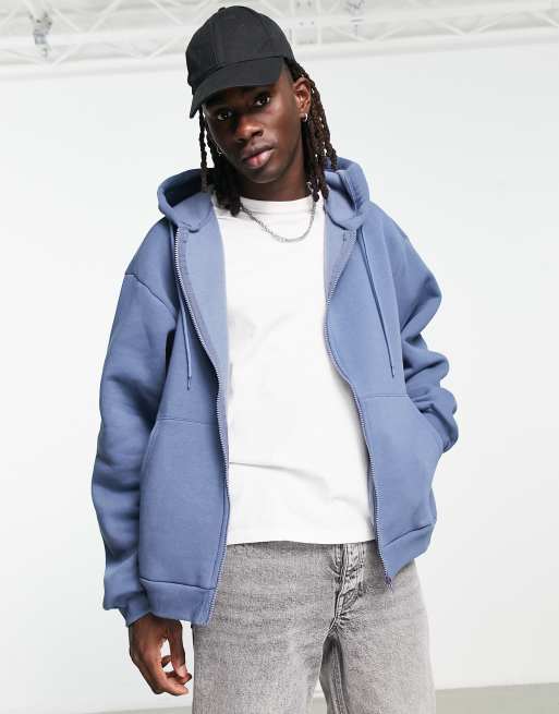 Light Blue Zipper Up Drawstring Hooded Jacket With Pocket