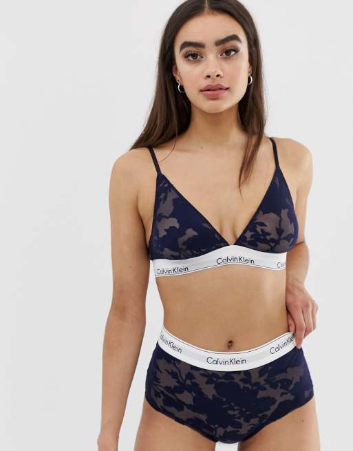 Marineblå moderne blomstret bralette & hipster-sæt i bomuld fra Calvin Klein, 3 af 3