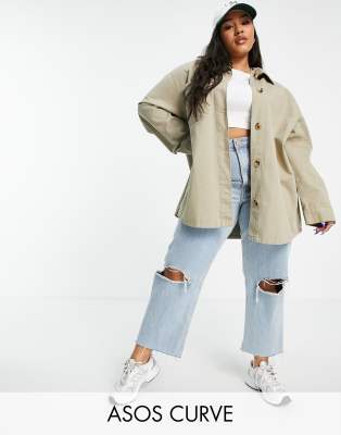 Хлопковая куртка-рубашка цвета светлого хаки ASOS DESIGN Curve-Светло-бежевый цвет