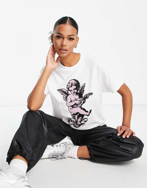 HNR LDN – Biały T-shirt oversize z motywem aniołka