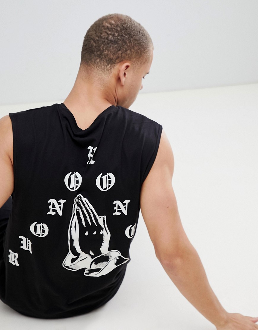 HNR LDN Hands Back Print Sleeveless T-Shirt Vest-Black