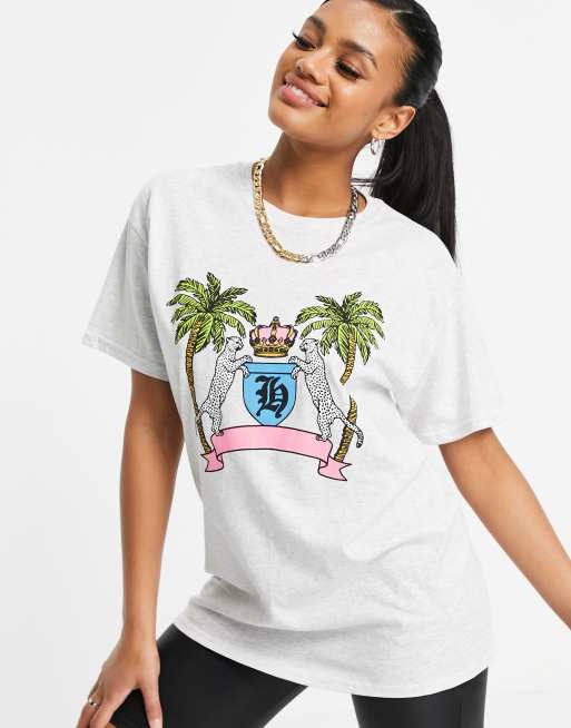 HNR LDN – Oversize-T-Shirt in Grau mit Grafikprint mit weißen Tigern