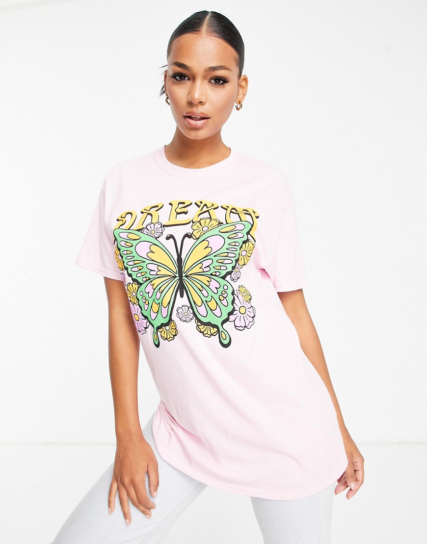 HNR LDN oversized t-shirt with butterfly print in pink