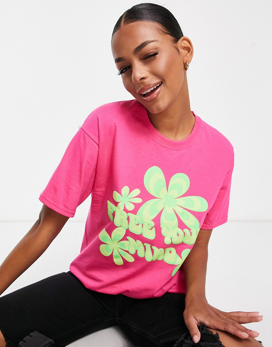 HNR LDN oversized t-shirt with free your mind print in pink