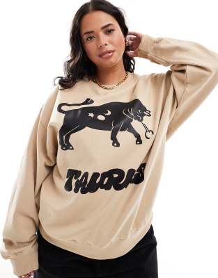 HNR LDN Plus - Sweatshirt in Natur mit „Taurus"-Schriftzug und Sternzeichensymbol-Neutral