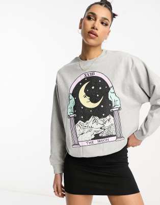 HNR LDN - Sweatshirt in Aschgrau mit Mond-Grafikprint im Tarotkarten-Design