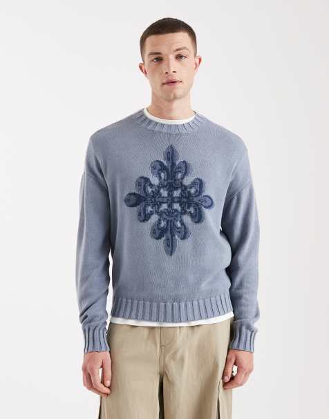 Holliser knit front graphic sweater in light blue - view 1