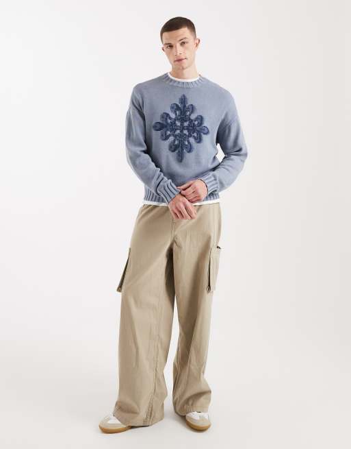 Holliser knitted front graphic jumper in light blue, 2 of 5