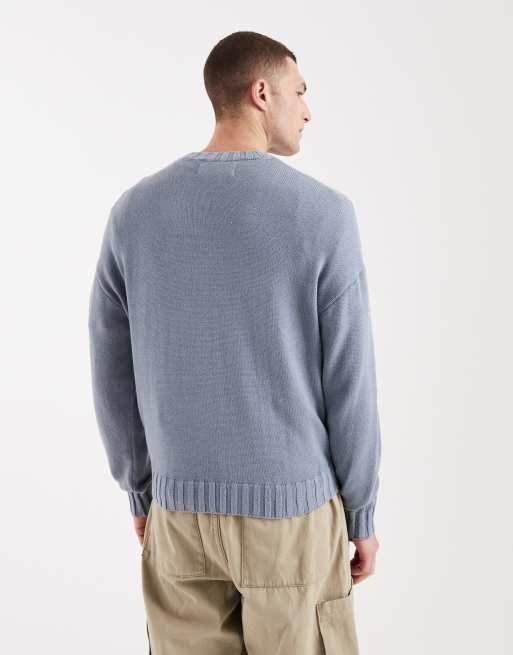 Holliser knitted front graphic jumper in light blue, 3 of 5