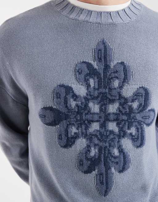Holliser knitted front graphic jumper in light blue, 5 of 5