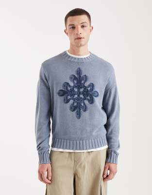 Holliser - Pull en maille avec motif sur le devant - Bleu clair