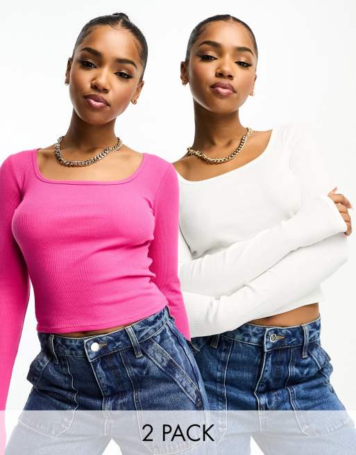 Hollister 2 pack long sleeve rib tops in white and bright pink