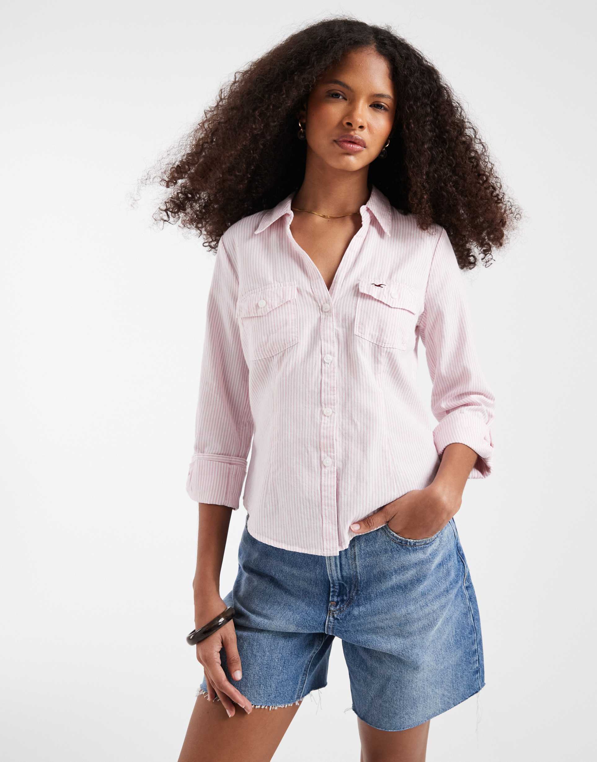 hollister 3/4 sleeve cinched shirt in pink stripe